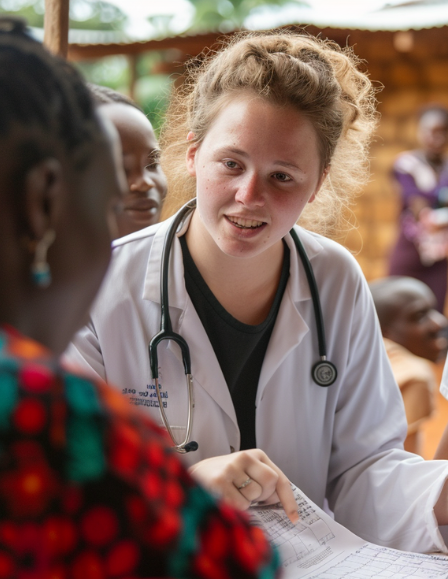 medical student working in a rural village clinic, surrounded by local community members